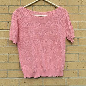 Pretty Pink Short Sleeve Intaglio Knit Cotton Sweater 36" Bust - preowned